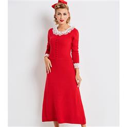 Elegant Long Sleeve Maxi Dress for Women, Long Sleeve Round Neck Slim Fit Dress, Red Single-Breasted Maxi Dress, Women's Casual Holiday Party Maxi Dress, Fashion Crocheted Slim Fit Long Dress, #N16037