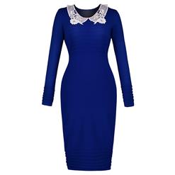 Women's Elegant Blue Long Sleeve Round Neck Pullover Slim Fit Midi Dress N16038