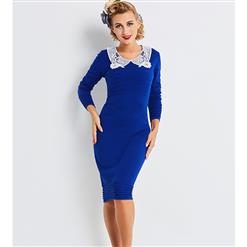 Elegant Long Sleeve Midi Dress for Women, Long Sleeve Round Neck Slim Fit Dress, Blue High Wasit Bodycon Midi Dress, Women's Casual Holiday Party Midi Dress, Fashion Crocheted Slim Fit Dress, #N16038