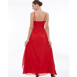 Women's Red High Waist Spaghetti Straps Ruched Flowers Evening Prom Gowns N16039