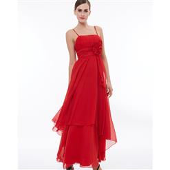 Women's Red High Waist Spaghetti Straps Ruched Flowers Evening Prom Gowns N16039