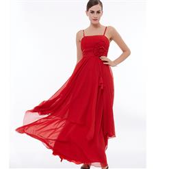 Sleeveless Spaghetti Straps Evening Gowns, Red High Waist Ruched Evening Dress, Sleeveless Asymmetry A-Line Dress, Women's Red Flowers Maxi Prom Gowns, Elegant High Waist Sleeveless Evening Gowns, #N16039