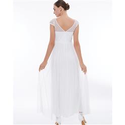 Women's Elegant White Round Collar Cap Sleeve Hollow A-Line Prom Evening Gowns N16040