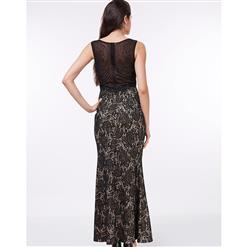 Women's Black Lace Sleeveless Round Neck High Split Maxi Prom Evening Gowns N16044