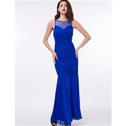 Women's Blue Sleeveless Round Neck Ruched Chiffon Sheath Maxi Prom Evening Gowns N16045