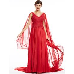 Sleeveless V Neck A-Line Evening Gowns, Elegant Red Appliques Chiffon Evening Dress, Sleeveless Chiffon Floor-Length Evening Dress, Women's Red V Neck Maxi Prom Gowns, Elegant Draped Long Evening Gowns, #N16047