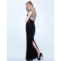 Women's Elegant Black Sleeveless Beaded V Neck Mermaid Maxi Evening Gowns N16062