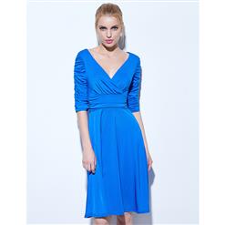 Women's Blue Half Sleeve Deep V Neck Ruched Knee-Length Cocktail Prom Dress N16063
