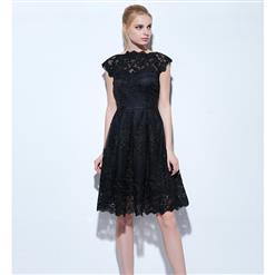 Women's Black Lace Appliques Cap Sleeve A-Line Knee-Length Cocktail Prom Dress N16064