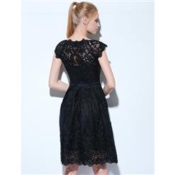 Women's Black Lace Appliques Cap Sleeve A-Line Knee-Length Cocktail Prom Dress N16064