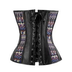Women's Steampunk Black Faux Leather Jacquard Splicing Rivets Strapless Overbust Corset N16190