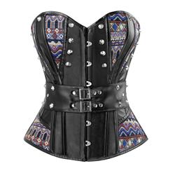 Women's Steampunk Black Faux Leather Jacquard Splicing Rivets Strapless Overbust Corset N16190