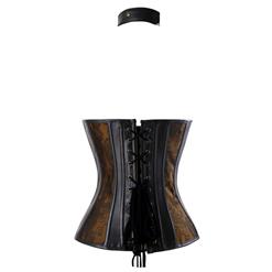 Women's Steampunk Faux Leather Jacquard Splicing Plastic Boned Buckle Halter Overbust Corset N16191