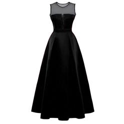 Women's Vintage Elegant Black Round Neck Sleeveless High Waist Mesh Splicing Prom Gowns N16272