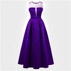Sleeveless Round Neck Maxi Evening Gowns, Blue Sleeveless High Waist Maxi Evening Dress, Women's Mesh Splicing Prom Gowns, Elegant Blue Long Evening Gowns, #N16273