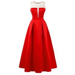 Sleeveless Round Neck Maxi Evening Gowns, Red Sleeveless High Waist Maxi Evening Dress, Women's Mesh Splicing Prom Gowns, Elegant Red Long Evening Gowns, #N16274