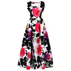 Sleeveless Boat Neck Maxi Evening Gowns, Floral Print High Waist Maxi Evening Dress, Women's A-line Prom Gowns, Elegant Floral Print Long Evening Gowns, #N16275