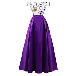 Women's Vintage Off Shoulder Floral Print Patchwork Long Prom Gowns Evening Dress N16276
