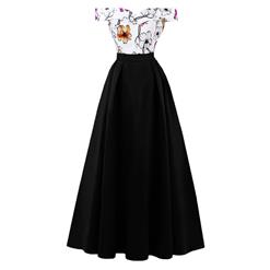 Women's Vintage Off Shoulder Floral Print Patchwork Long Prom Gowns Evening Dress N16277