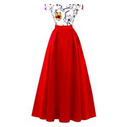 Women's Vintage Off Shoulder Floral Print Patchwork Long Prom Gowns Evening Dress N16278