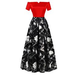 Women's Vintage Black/Red Off Shoulder Floral Print Splicing A Line Long Prom Ball Gowns N16280