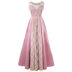 Bateau Neck Maxi Evening Gowns, Pink High Waist Evening Dress, Women's Bateau Neck A-line Prom Gowns, Elegant Pleated Long Evening Gowns, Lace Patchwork Long Prom Gowns,#N16285