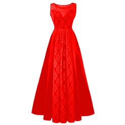 Women's Red Bateau Neck Sleeveless Lace Splicing High Waist A-Line Pleated Long Prom Ball Gowns N16286