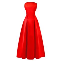 Women's Red Bateau Neck Sleeveless Lace Splicing High Waist A-Line Pleated Long Prom Ball Gowns N16286