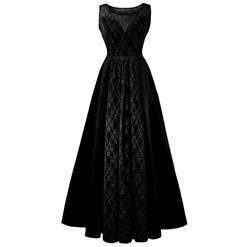Women's Black Bateau Neck Sleeveless Lace Splicing High Waist A-Line Pleated Long Prom Ball Gowns N16285
