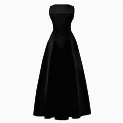 Women's Black Bateau Neck Sleeveless Lace Splicing High Waist A-Line Pleated Long Prom Ball Gowns N16285