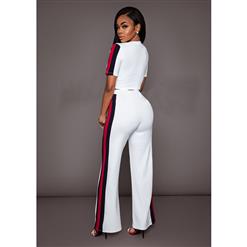 Women's Casual White Sport Suit Short Sleeve Crop Top Wide Leg Pants Suit N16292