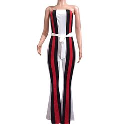 Women's Sexy White Strapless Bosycon Stripe High Waist Bellbottoms Jumpsuit N16296