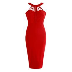Women's Sexy Red Halter Neck High Waist Strappy Bandage Bodycon Midi Party Dress N16301