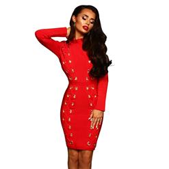 Women's Sexy Red High Neck Long Sleeve Hollow Out Lace-up  Bodycon Dress N16303
