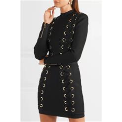Women's Sexy Black High Neck Long Sleeve Hollow Out Lace-up  Bodycon Dress N16304