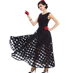 Women's Sleeveless Round Neck High Waist Plaid Organza A-Line Maxi Dress N16312
