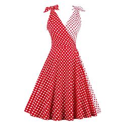 White/Red Sleeveless V Neck Dress, Sleeveless High Waist Dot Print Dress, Sleeveless Printed A-Line Midi Dress, Casual Polka Dot Print A-Line Dress, Retro Polka Dot Print Dress for Women, #N16316