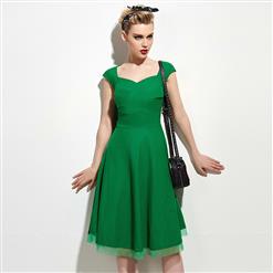 Women's 1950's Vintage Green Square Neck Cap Sleeve Party Cocktail Swing Tea Dress N16358