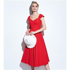 Women's Vintage Red Square Neck Cap Sleeve Party Swing Midi Casual Dress N16362