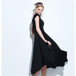 Women's Vintage Black Square Neck Cap Sleeve Party Swing Midi Casual Dress N16363