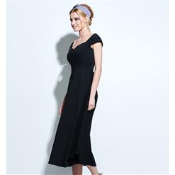 Women's Vintage Black Square Neck Cap Sleeve Party Swing Midi Casual Dress N16363