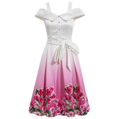 Fashion Vintage Cold Shoulder Floral Print Swing Party Day Dress N16376