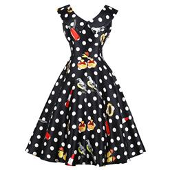 Vintage Lapel Sleeveless Polka Dot Print Slim Fit Midi Swing Party Dress N16390