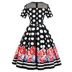 Vintage Short Sleeve Polka Dot Floral Print Pleated Midi Swing Party Dress N16391