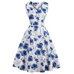 Vintage Blue/White Sleeveless V Neck Floral Print Midi Swing Party Dress N16394