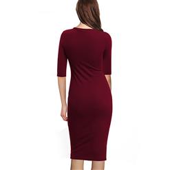 Casual Plain Wine Red Round Neck Half Sleeve Bodycon Midi Dress N16398