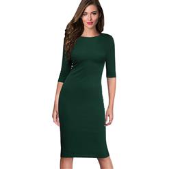 Simple Dark Green Bodycon Midi Dress, Round Neck Half Sleeve Midi Dress, Casual Plain Knee Length Pencil Dress, Round Neck Bodycon Package Hip Dress, Plain Solid Color Bodycon Midi Dress, #N16399