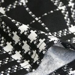 Black/White Plaid Long Sleeve Round Neck High Waist Bodycon Midi Dress N16400