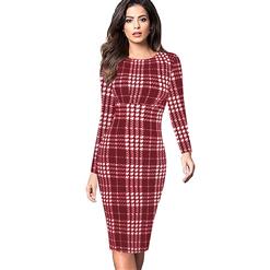 Round Neck Long Sleeve Bodycon Dress, Red Plaid Bodycon Midi Dress, Plaid High Waist Bodycon Dress, Long Sleeve Plaid Midi Dress, Long Sleeve Plaid Bodycon Dress, Casual Plaid Bodycon Midi Dress, #N16401