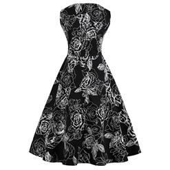 Women's Vintage Black Sleeveless V Neck Floral Print Midi Swing Summer Day Dress N16444